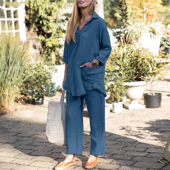 2 Pcs/Set Women Shirt Pants Set Solid Color Lapel Long Sleeve Wide