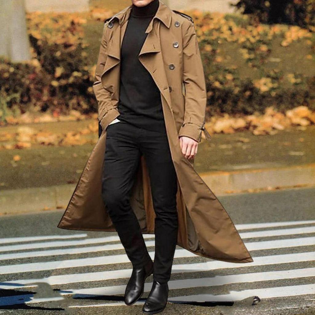 Belted Men'trench Coat Overcoat Double Breasted Fashion Top Long Jacket Warm Notched Lapel Male