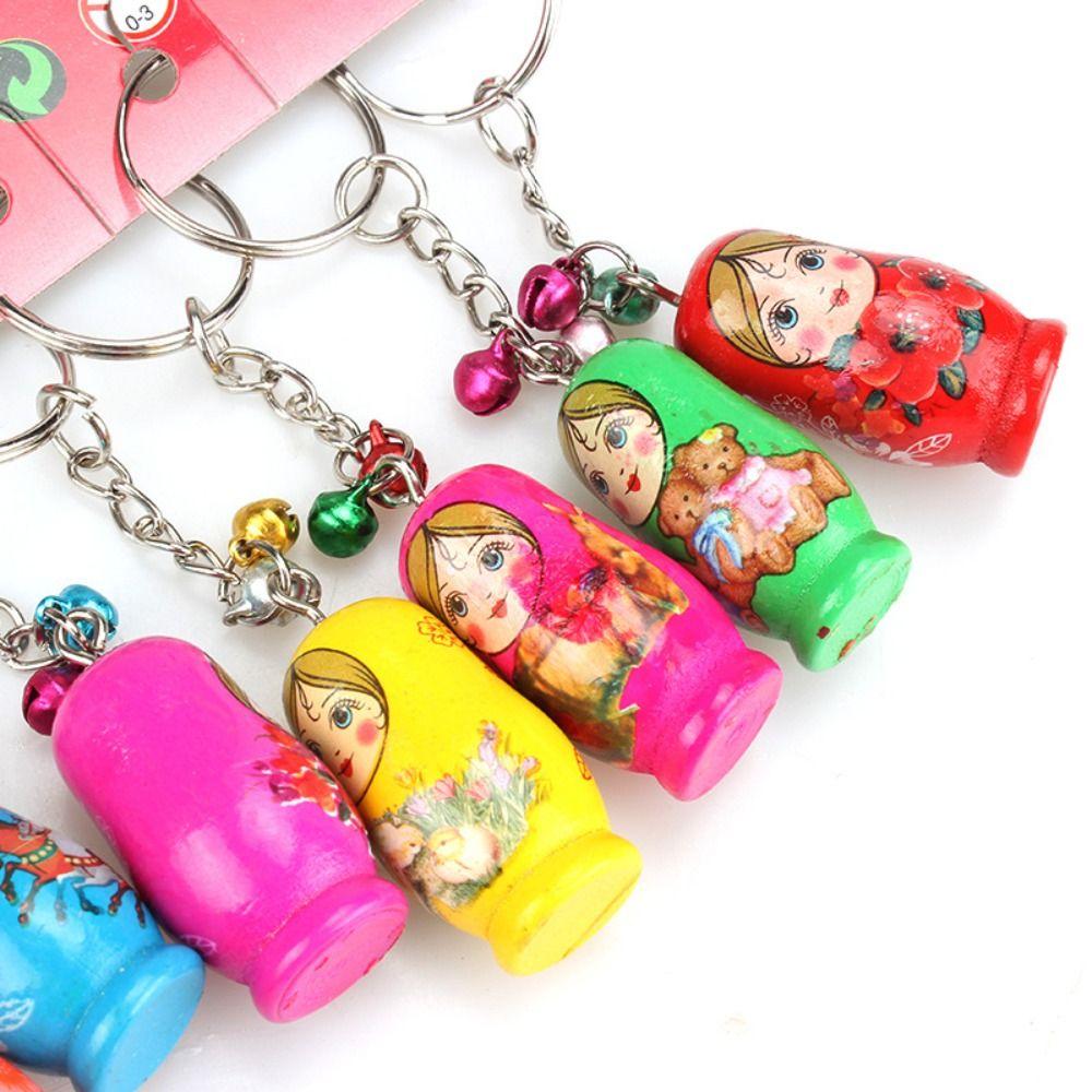 12pcs/set Drip Wood Matryoshka Russian Dolls Key Rings Birthday Kids Gift
