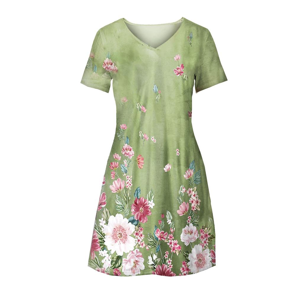 Ress For Women Cute Floral Short Sleeve V Neck Casual Loose Fit Flare Dress Beach  Dress Tshirt Dress