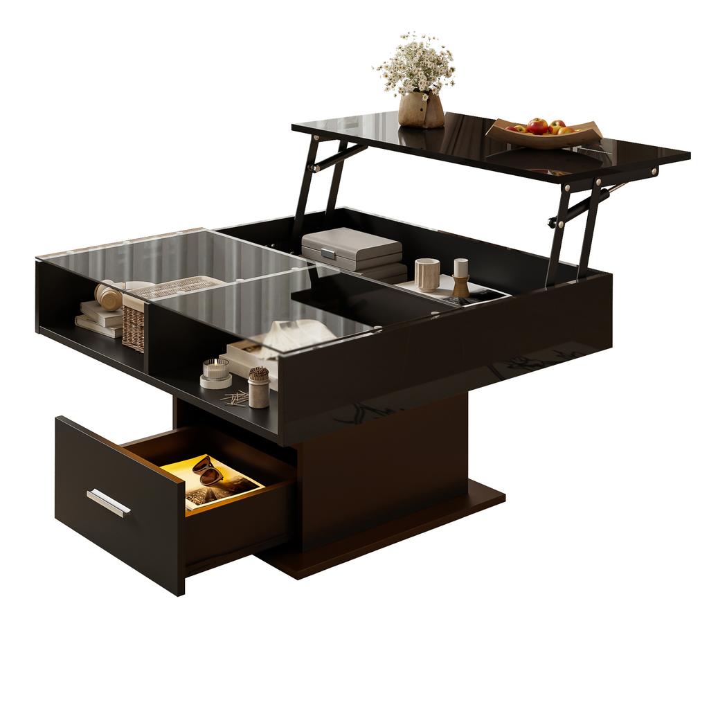 Multifunctional High-Gloss Lift Coffee Table with LED Lighting, Adjustable Height & Flexible Storage for Living Room, Office & Small Apartments