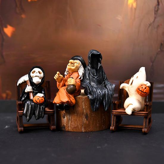 Halloweenská čarodějnice figurka pryskyřice miniatura socha ponurého žence čarodějnice duch v houpacím křesle gotická dekorace na stůl polici