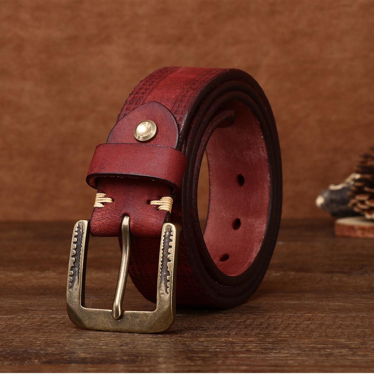

Мужской ремень из натуральной кожи с пряжкой из медной кожи первого слоя в стиле ретро, локомотивный мужской ремень из воловьей кожи 125cm бордовый
