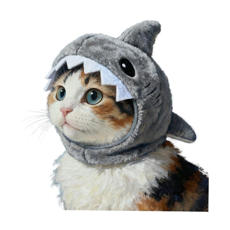 Spot GoodsLittle Red Book Same Style Pet Cat Shark Head Hat Winter Warm Plush Kitten Hat Headwear