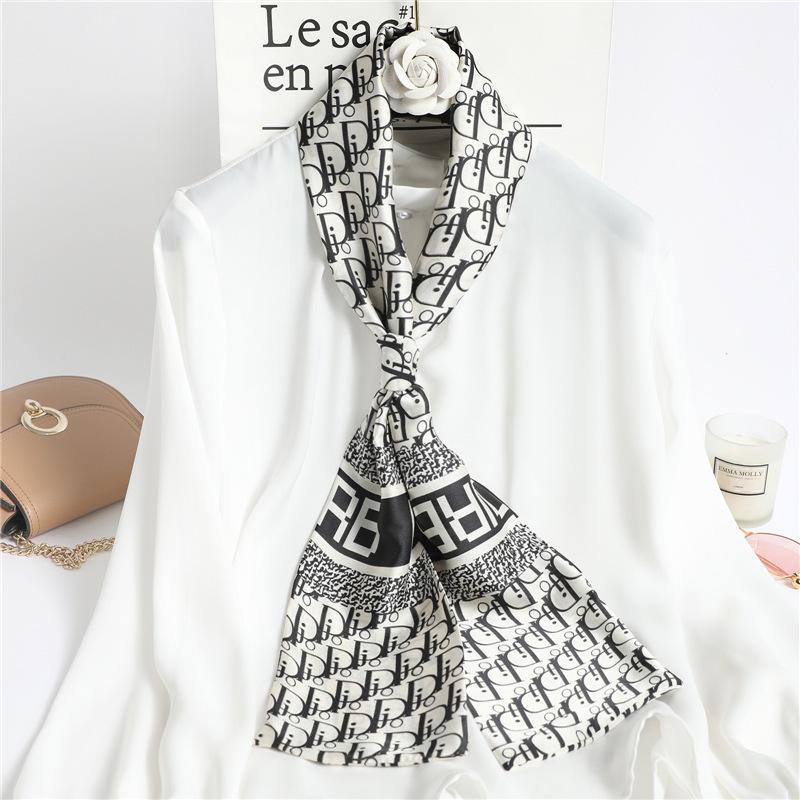 Thin and narrow long silk scarf Double-layer double-sided scarf Simulation silk female Korean version fashionable versatile decorative scarf literary