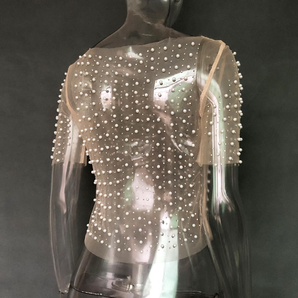 Sexy, durchsichtiges Spitzenoberteil mit glänzendem Diamantnetz für Damen, kurzärmlig