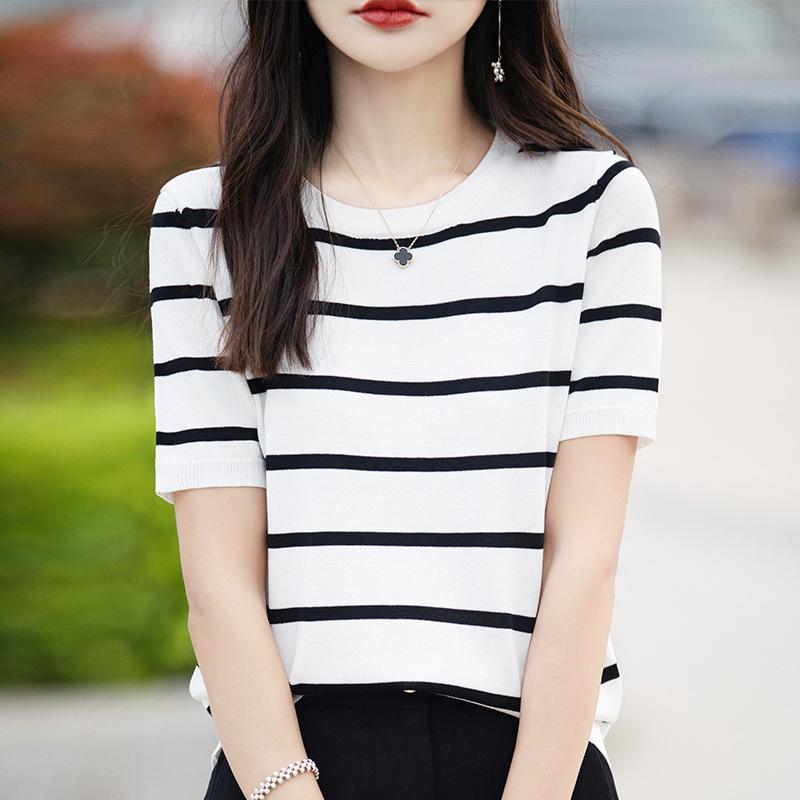 

Curved Bead Ice Linen Striped Women s Short Sleeve T-Shirt X-Large