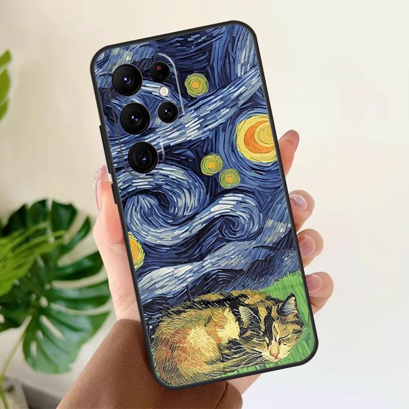Cat Van Gogh's The Starry Night Soft Case For Samsung Galaxy S25 S21 S22 S23 S24 Ultra S9 S10 Plus S20 FE S24 FE Phone Cover