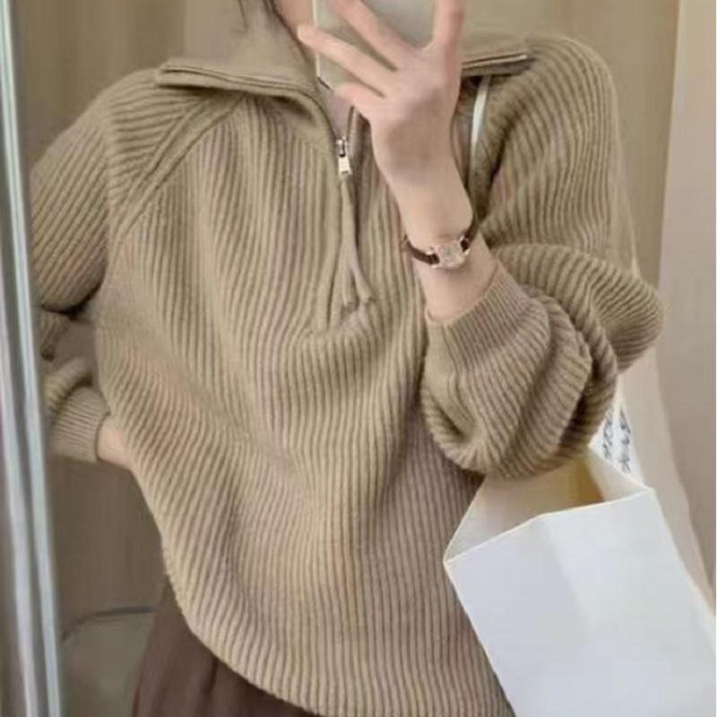 Solid-color loose knit sweater for women, laid-back fashionable Korean style, high neck, half-zip pullover sweater, versatile for autumn and winter
