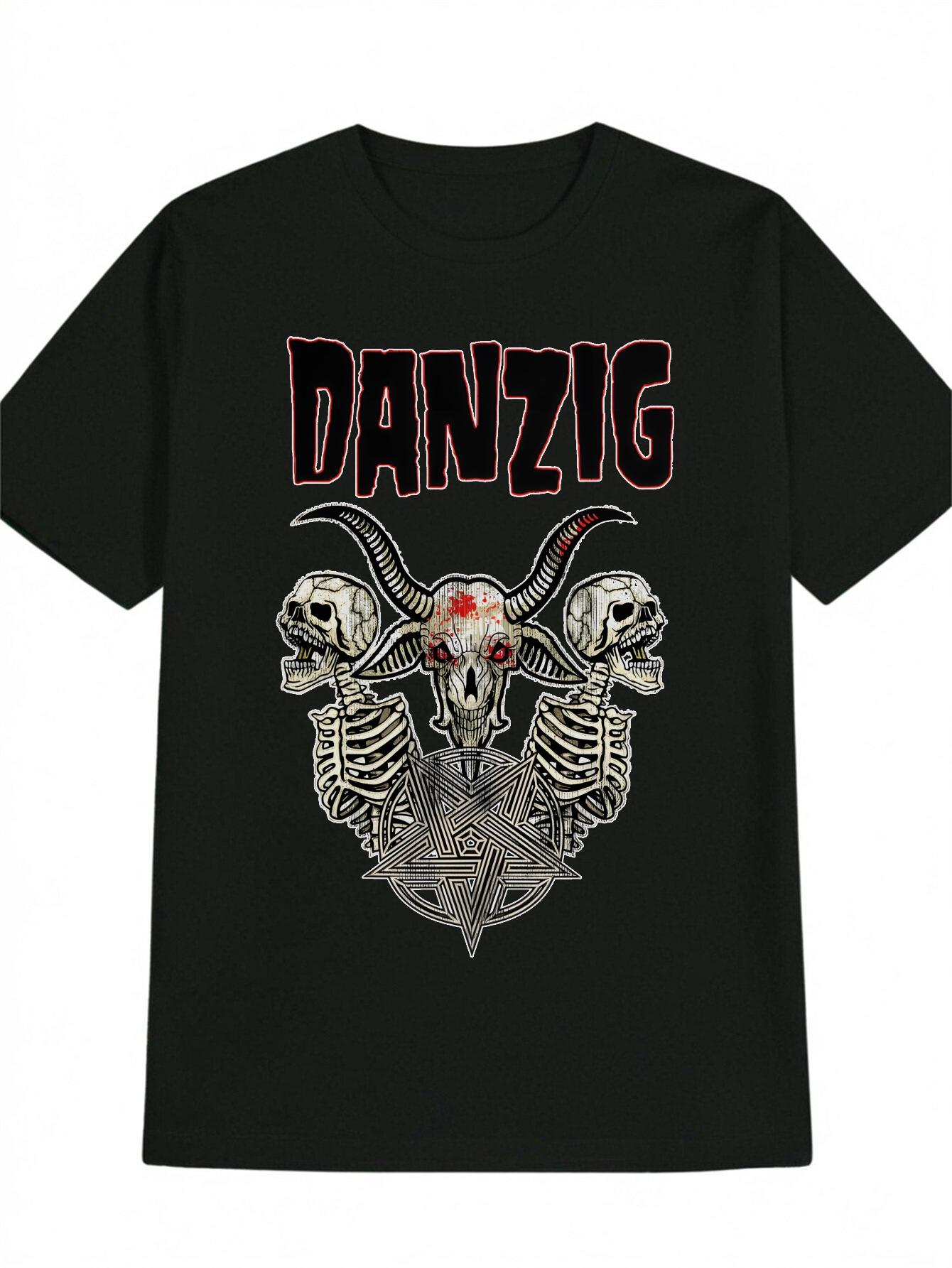 DANZIG Skull Graphic T-shirt - Black Casual Round Neck Tee with Bold Red & White Design XL