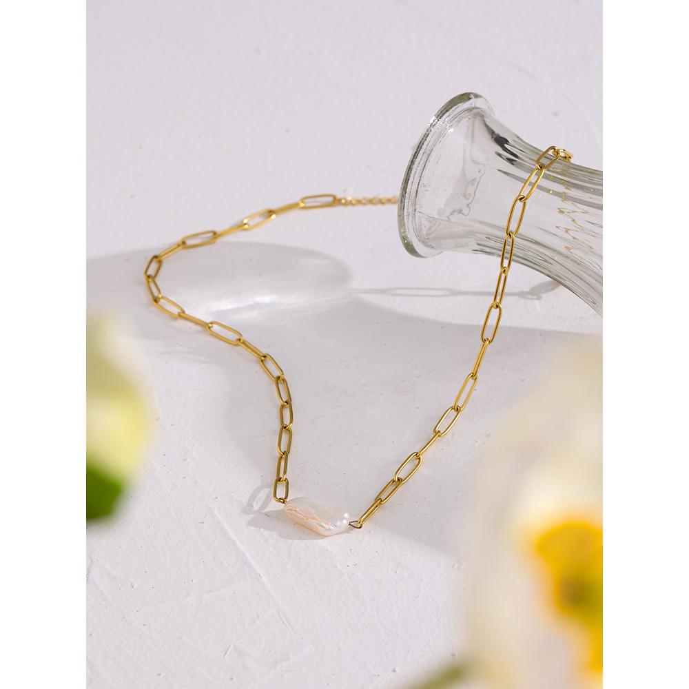 Yhpup Stainless Steel Natural Pearl Pendant Necklace Metal Chain High Quality Jewelry Gold Color Collar for Women Girls Gift