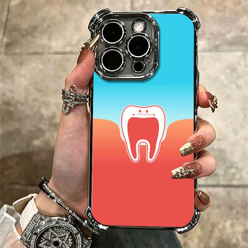 Tooth Dentist Pattern Plating Phone Case For Iphone 16 17 Pro Max Air 16E 14 15 Plus 12 13 Mini Anti-Fall Airabag Cover