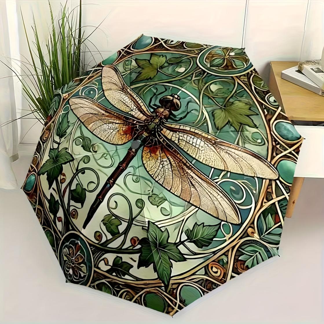 

Durable Dragonfly Print Folding Umbrella | Lightweight, Adjustable, Large Size, Travel and Outdoor Essential, 8 Ribs, Pongee and Glass Fiber