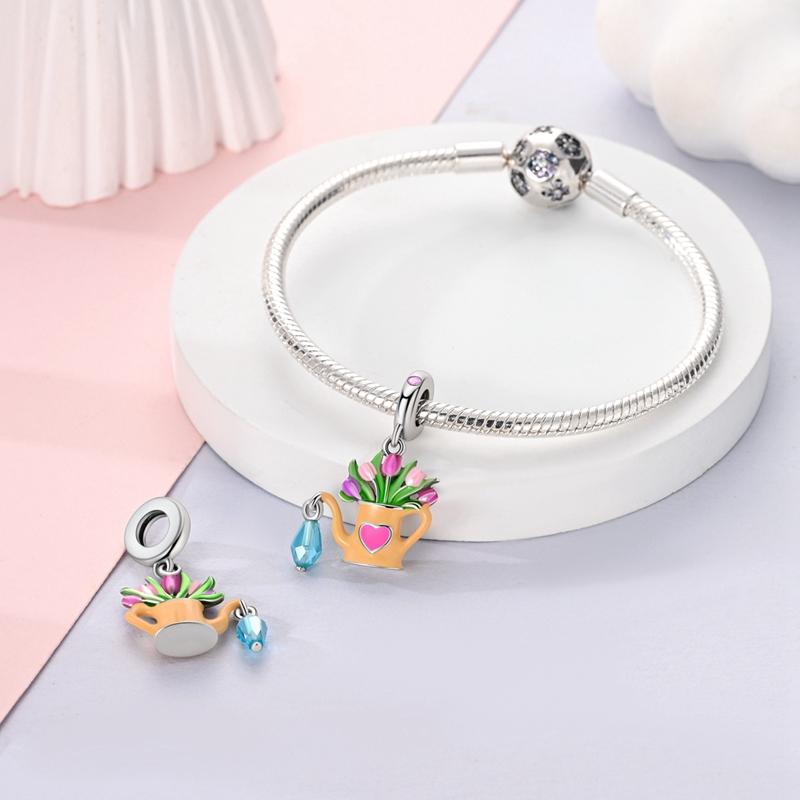 Original Charmscopper Watering Pot Tulip Flower Pendants Fit Charms Platabracelets For Women Jewelry Making Fine Gifts