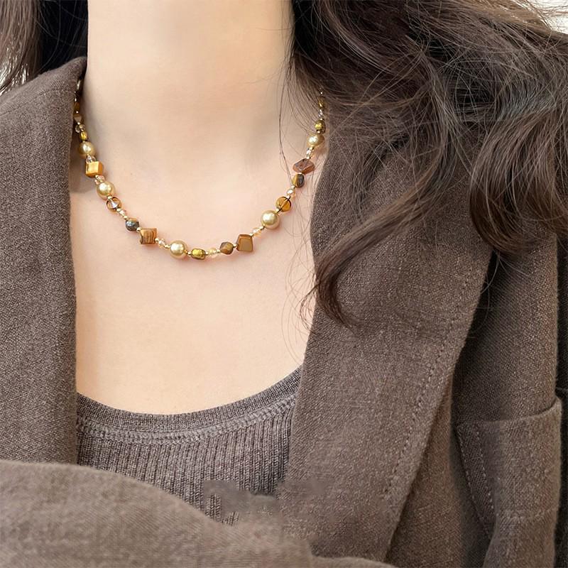 18k vergoldete Tigerauge Perlenanhänger Halskette - Retro Schlüsselbeinkette für Herbst/Winter.