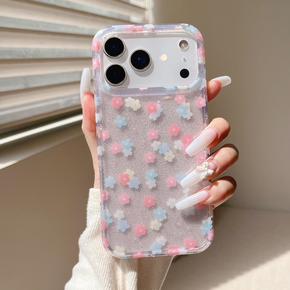 Ins Cute Spring Floral Sequins Bling Phone Case For iPhone 16 15 14 17pro 17ProMax Lovely Glitter Flower Shockproof Soft Cover