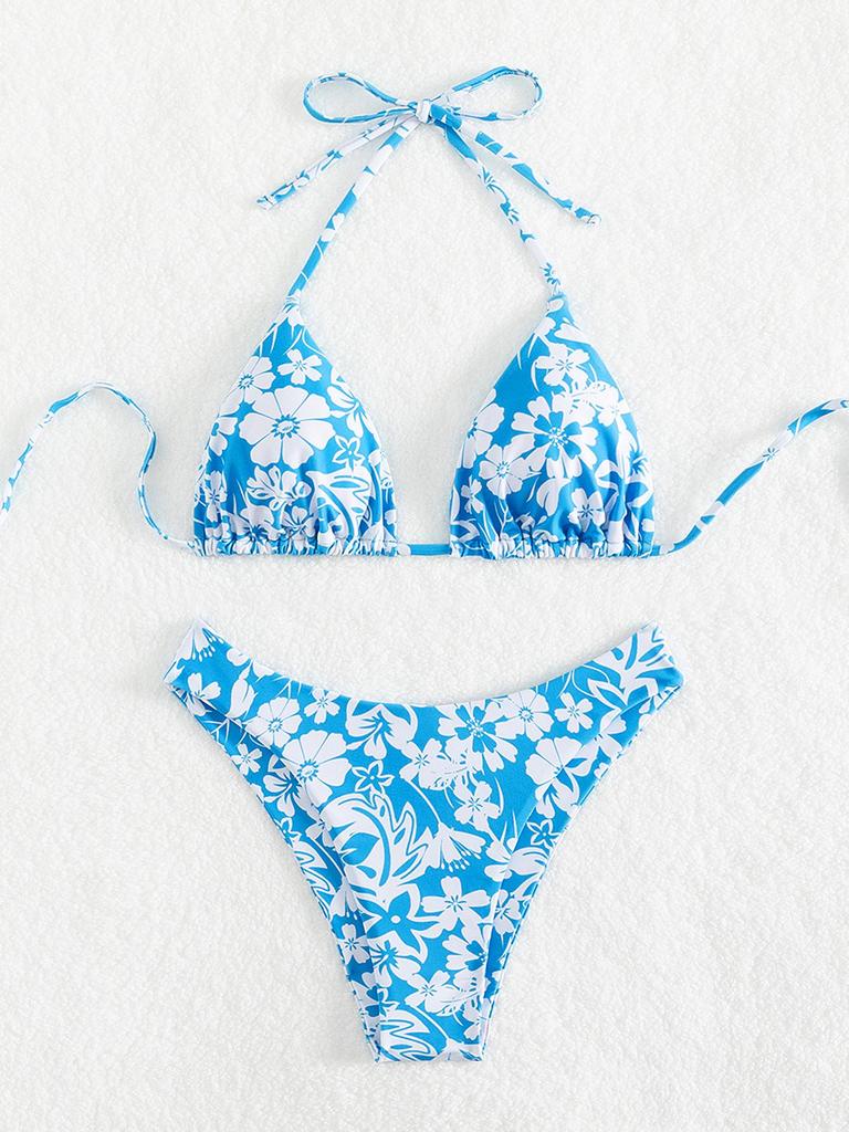 2024 Sexy Bikiny s trojúhelníkovým potiskem: Přeshraniční evropský a americký styl se zavazovacím designem