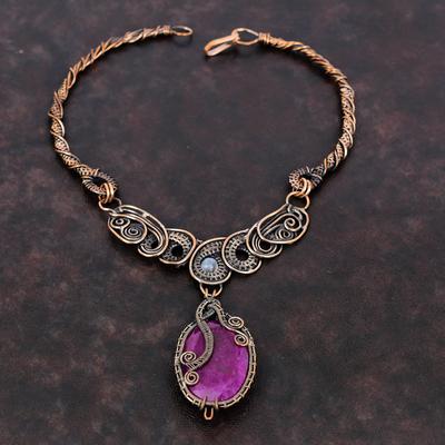 Faceted Kashmir Ruby Necklace Copper Wire Wrapped Rainbow Moonstone Necklace Handmade Copper Jewelry Real Gemstone Necklace Gift For Mother