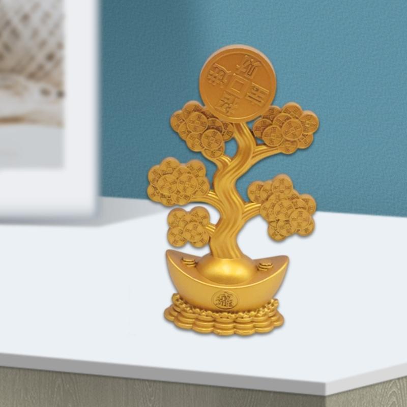 Gold Fengshui Statue Rotating Money Tree for Home and Office Decors Good Fortunes Metal Ornament with Wealth Symbolism