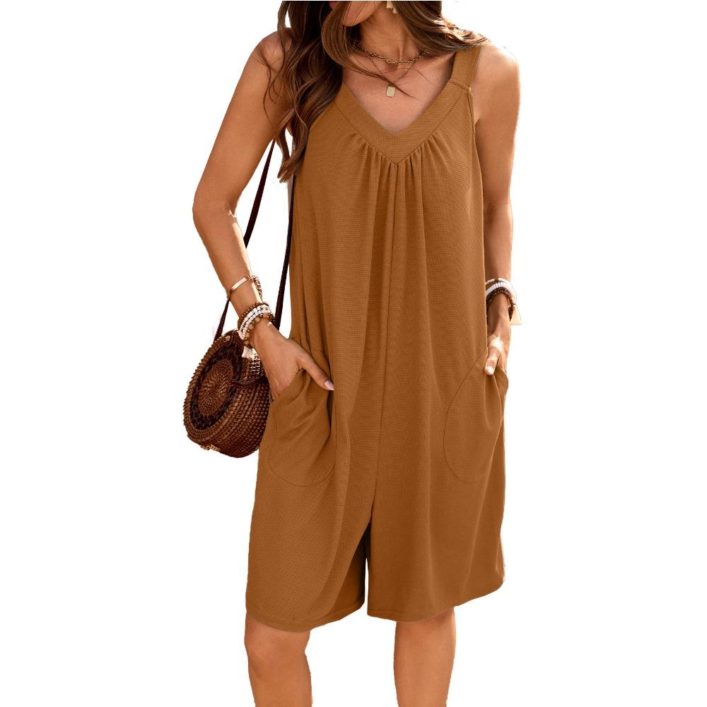Summer New Solid Color V-neck Loose Pocket Sleeveless Jumpsuit