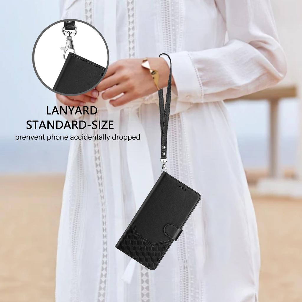 For Xiaomi Redmi Note 14 4G (163.25mm) Case Imprinted Honeycomb RFID Blocking Leather Phone Cover with Strap