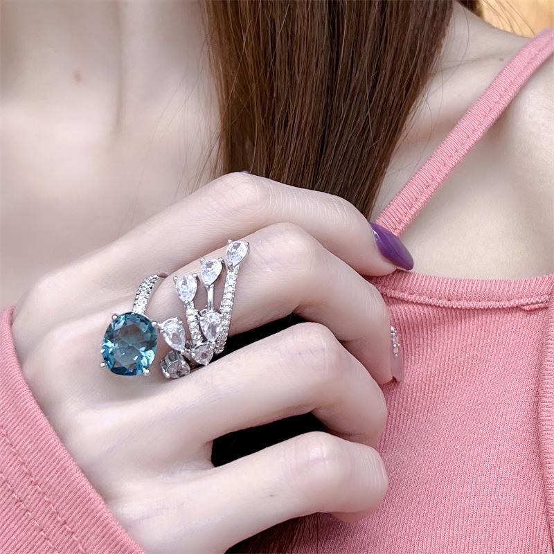 Niche Design Aquamarine Open Adjustable Women s Ring - Versatile, Cool Style for Live Broadcasts Adjustable Open Size x2017