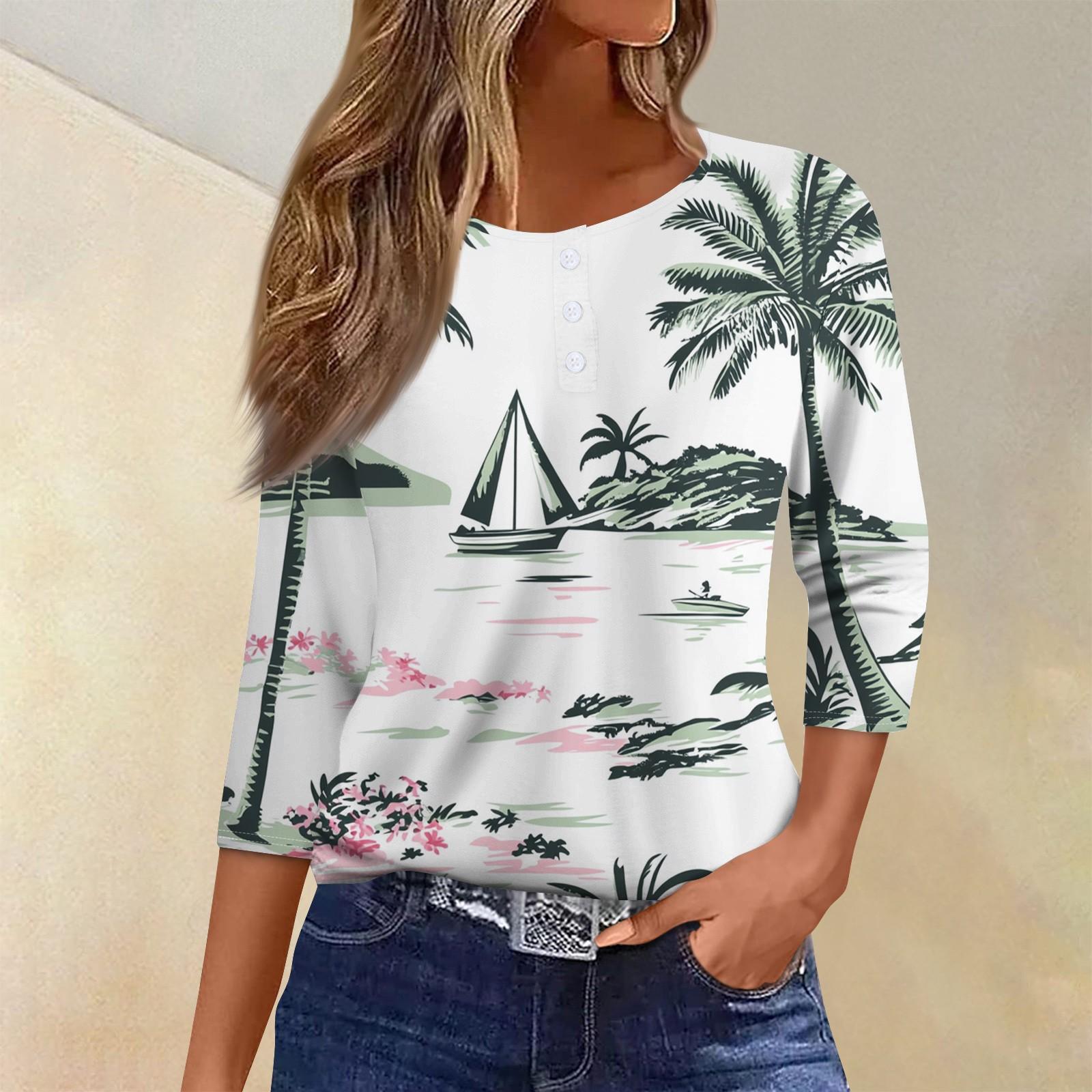 

Жен. Футболка Футболка С принтом Пуговицы Рукав 3/4Ежедневно Выходные Мода Классический Топ с v-образным вырезом Обычный XXXL белый