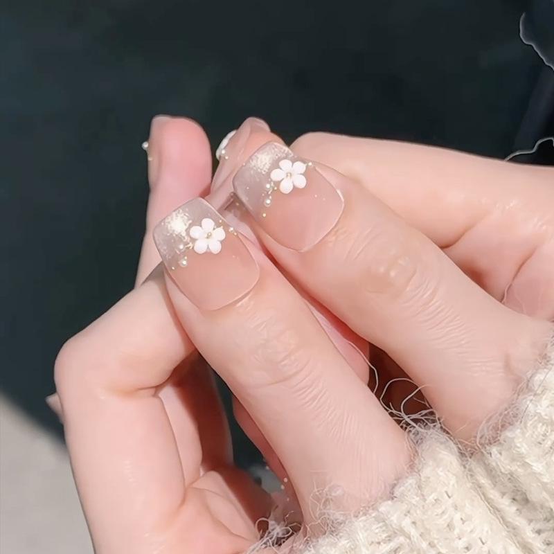 Charming Cat Eye Flower Nail Stickers - Wearable French False Nail Art Tips