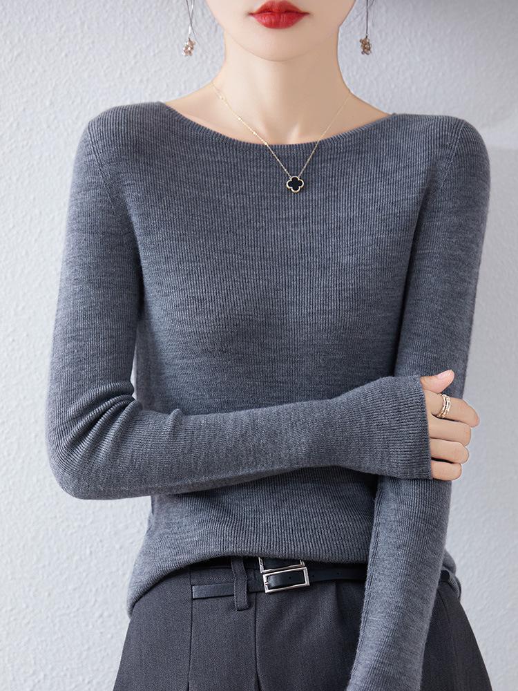 Women's Slim Fit Solid Color One-Shoulder Wool Sweater for Autumn/Winter