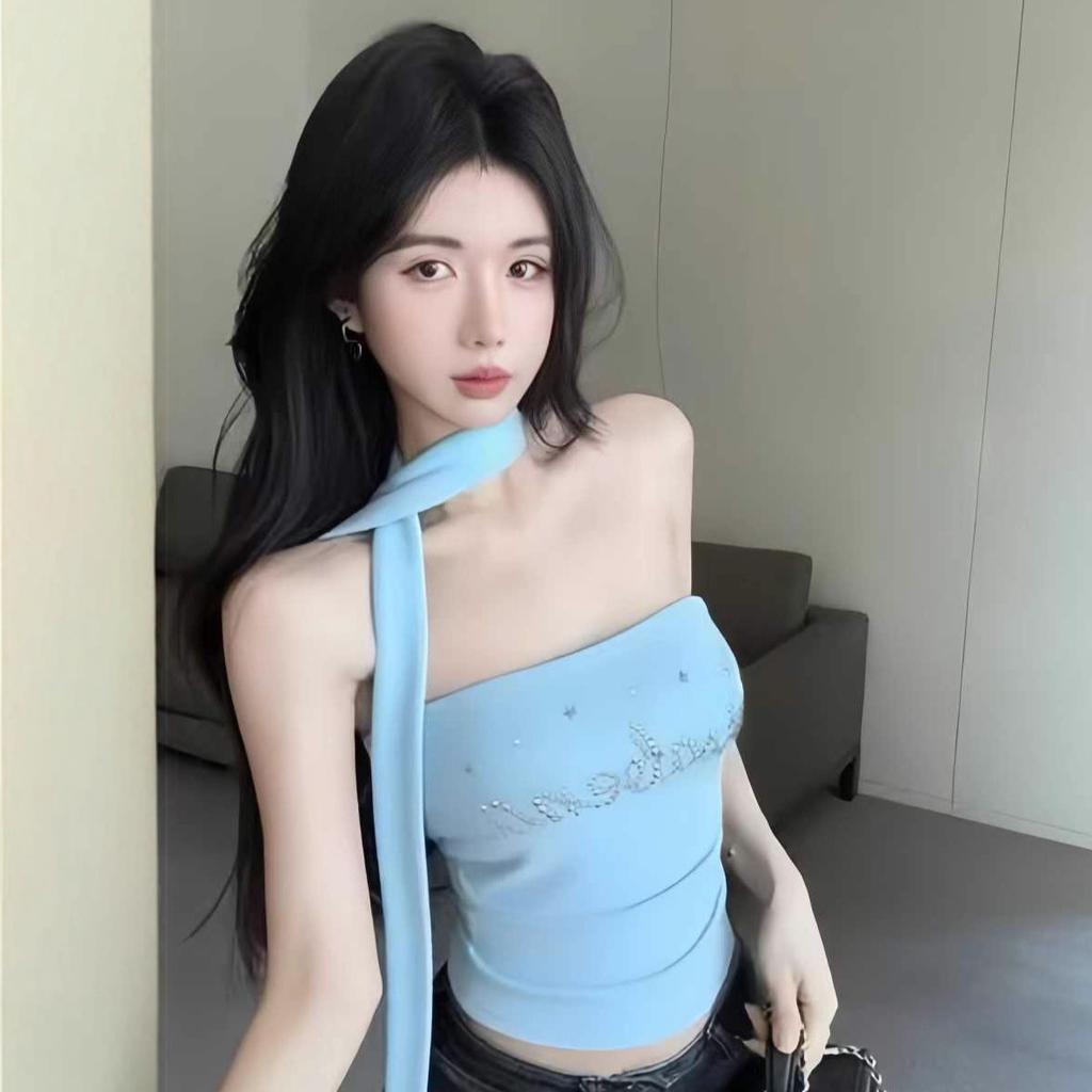 #Summer New Pure Desire One-word Circumference Letter Hot Diamond Scarf Tube Top Slim Fit Fixed with Chest Pad Versatile Top