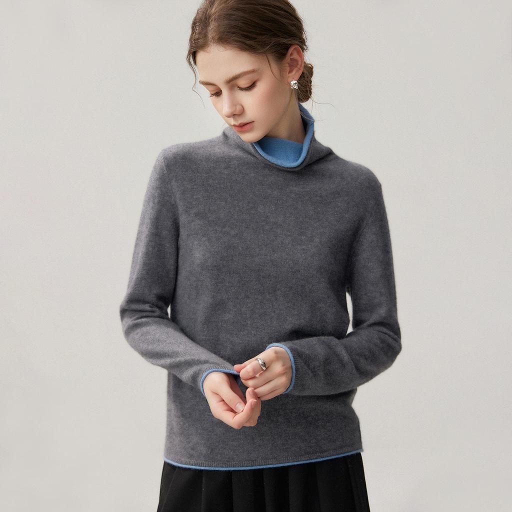 2026 A/W Stacked Collar Color Block Two-Piece Look Cashmere Women’s Pullover Long Sleeve Knit Sweater