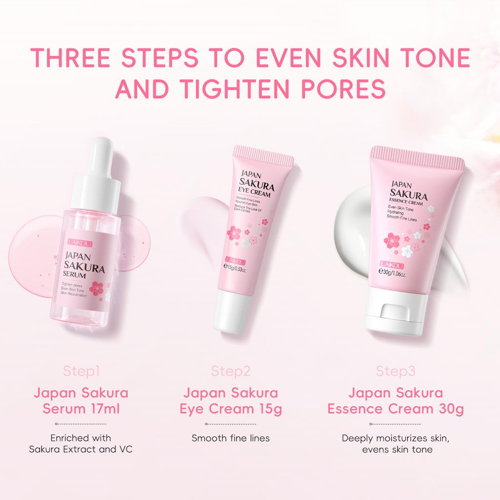 LAIKOU Sakura Blossom Hautpflege-Geschenkbox, leichte feuchtigkeitsspendende Anti-Aging-Creme, Augencreme, Gesichtscreme, 3-teiliges Set