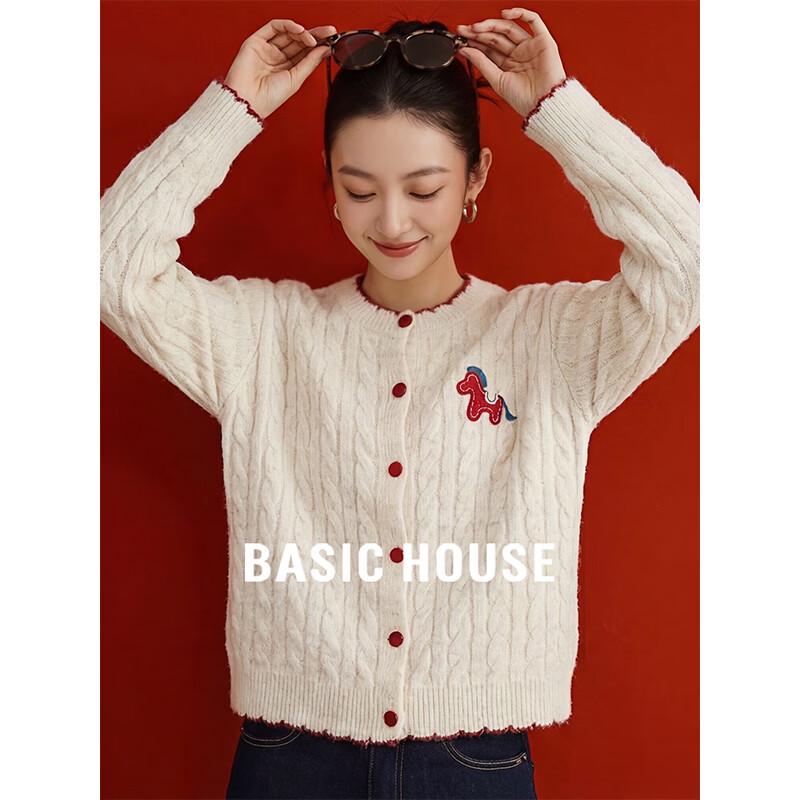Basic House Women s Little Horse Embroidered Cable Knit Cardigan L