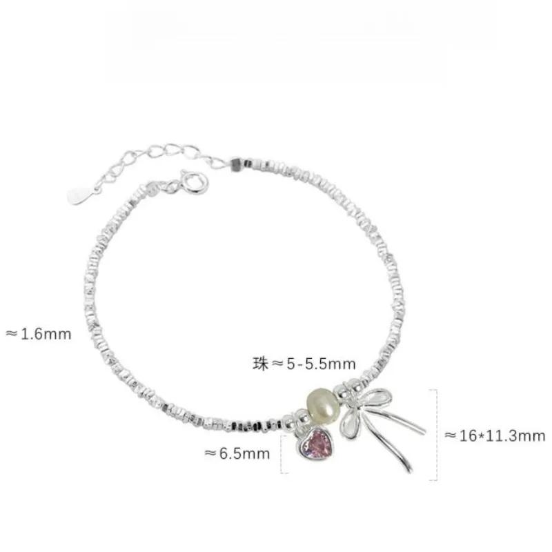 925 Silver Pearl Bracelet Women Girls Vintage Korean Pink Love Bow Chain Party Jewelry Luxury Gift