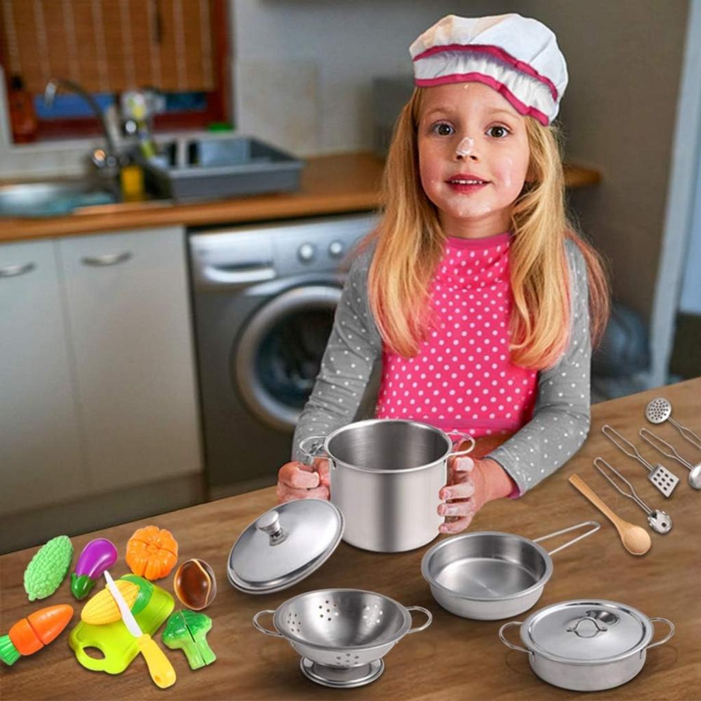 Kitchen Pretend Play Toys with Stainless Steel Cookware Pots and Pans Set, Cooking Utensils, Apron & Chef Hat, Cutting Vegetable