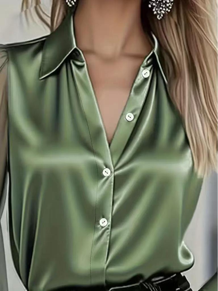 2026 European & American Satin Women's Long Sleeve Lapel Shirt - Solid Color, Stylish & Professional