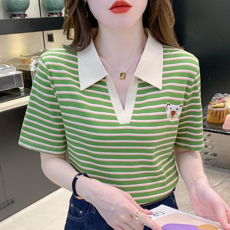 

Striped Short-sleeved T-shirt for Women s Summer New Korean Version Ins Casual Loose Versatile Half-sleeved POLO Collar Top M зелений