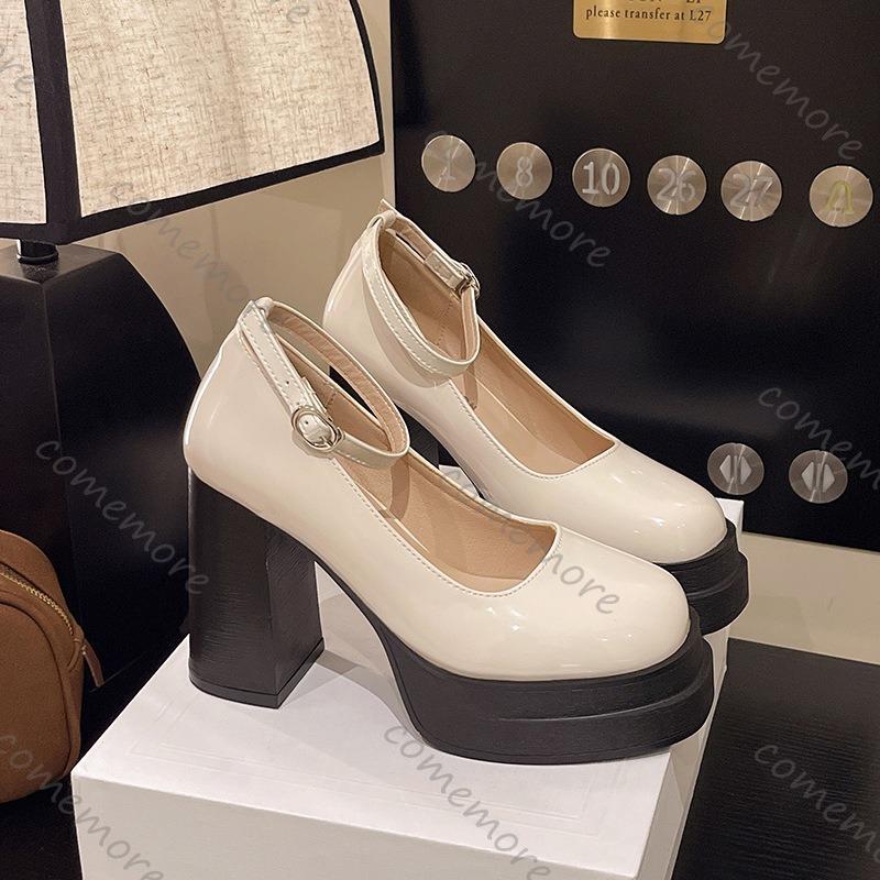 Fashion Comemore Women Pumps Fashion Chunky High Heels Shoes for Women Platform Round Head Shallow Mouth Sweet Mary Jane Single Shoes