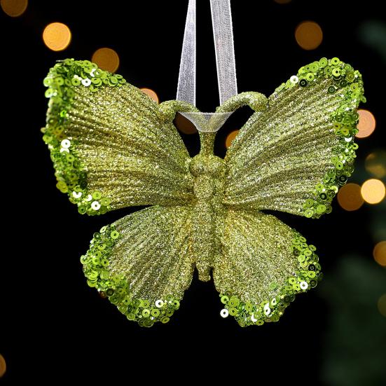 Glitter Christmas Ornaments Green Sequined Butterfly/Star/Reindeer Xmas Tree Hanging Decorations for Xmas Tree Holiday Home Party Decor