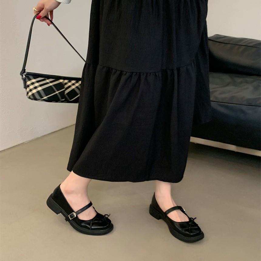 French retro college style small leather shoes bow girl Mary Jane shoes summer platform with skirt thick heel single shoes