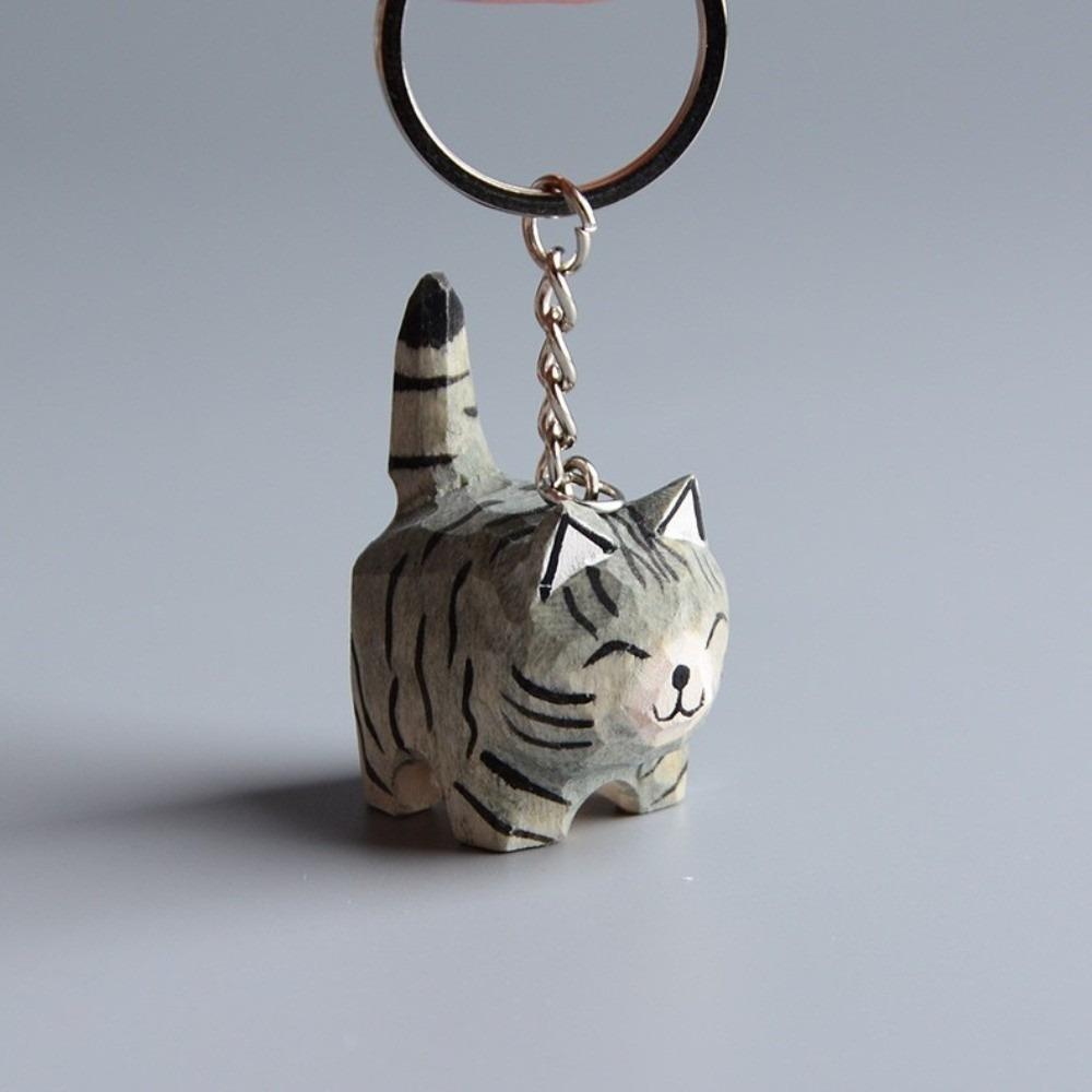 Creative Wooden Carving Cat Keychain Handmade Siamese Cat Keyring Hanging Accessory