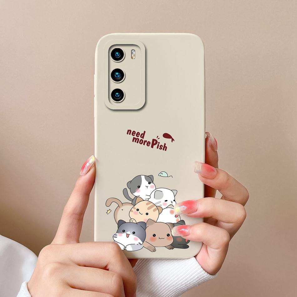 For Huawei P40 Pro Case Cute Cat Soft Liquid Silicone Full Coverage Anti Drop Bumper For HuaweiP40 P 40 P40Pro Candy Funda Shell