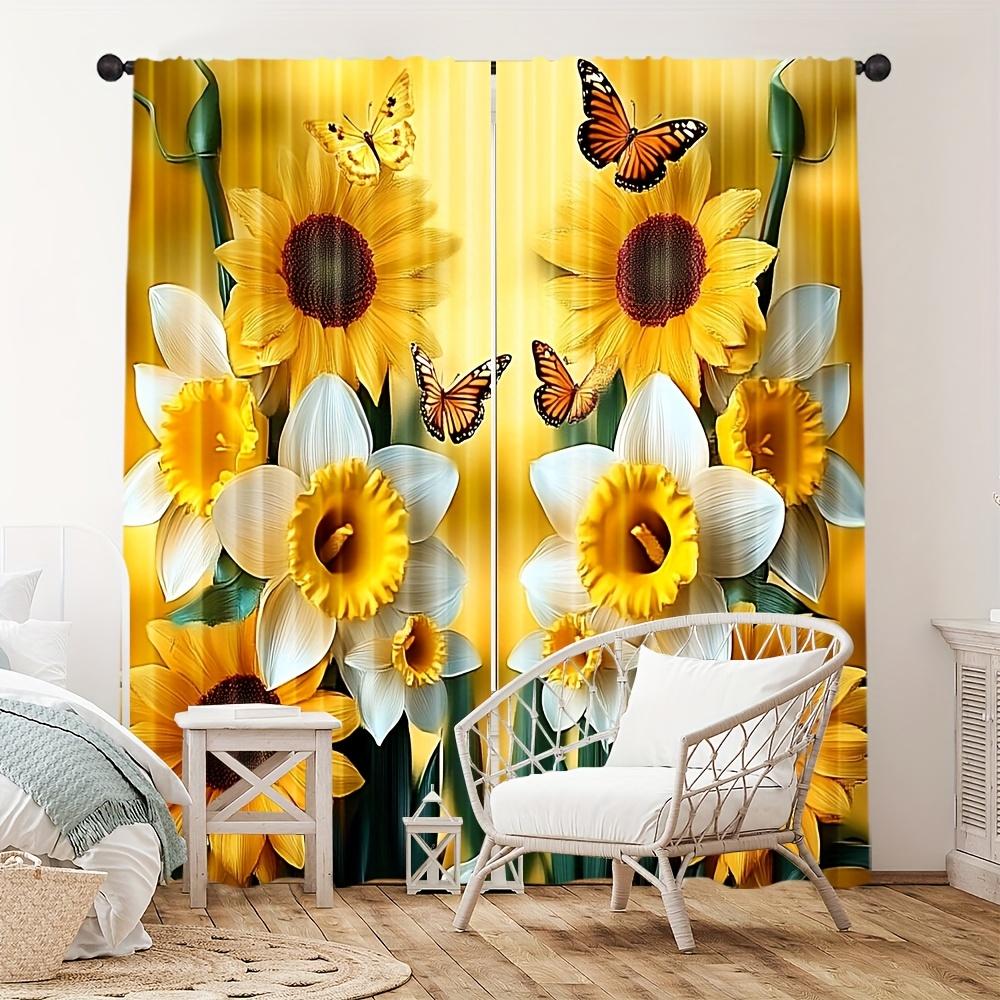 Sunflower Butterfly Print Curtains Polyester Pocket Rod Top Bedroom Living Room Office All Season Home Decor Curtain Ideal For Sitting