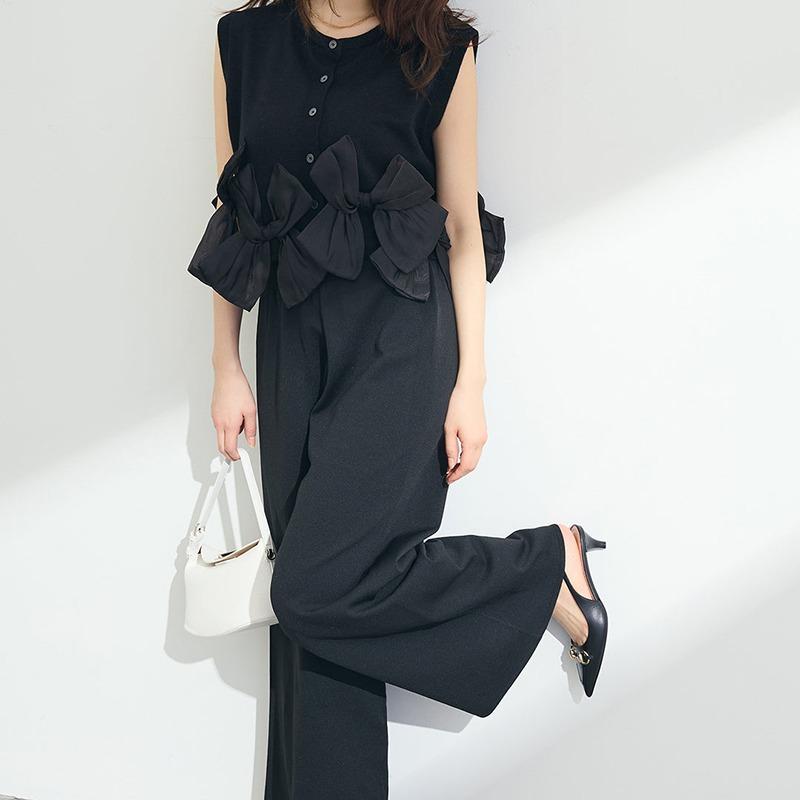 Summer Women Office Lady 2 Pcs Set O Neck Solid/Striped Sleeveless Bow Top+Wide Leg Pants Elegant Feminine Ladies' Suit