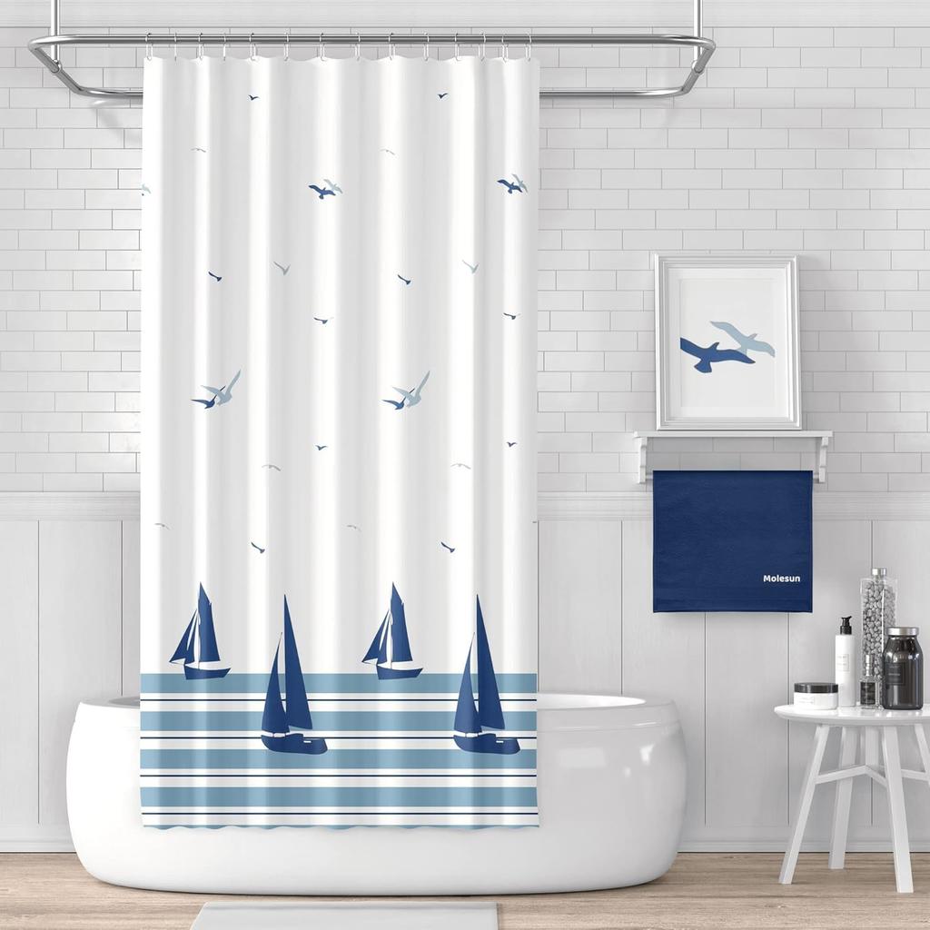 Xxuan Home 72 X 72 Fabric Shower Curtain for Bathroom, Nautical Coastal Waterproof Shower Curtain with Hooks, Sailboats