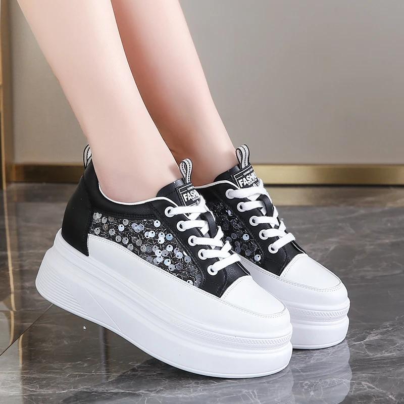 Mesh scobit pantofi albi mici, de vară, respirabil, versatil, tălpi groase, cu înălțime ridicată în interiorul pantofilor de damă