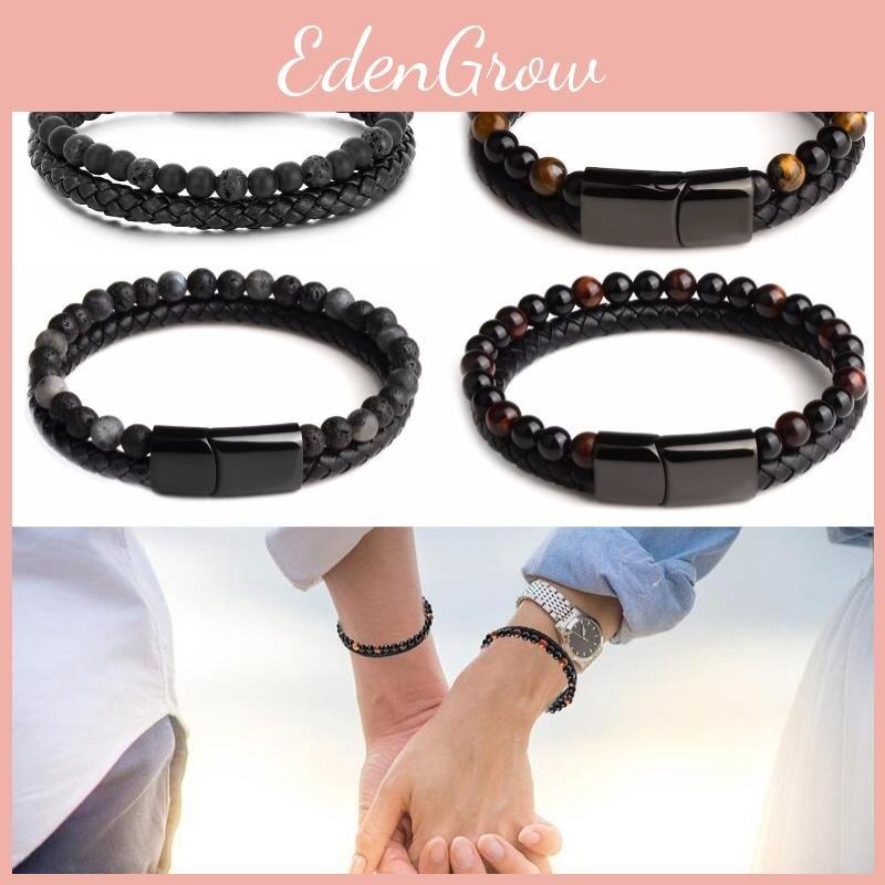 21cm Double Men Layered Volcanic Stone Beaded Bracelet Alloy Clasp Leather Faux