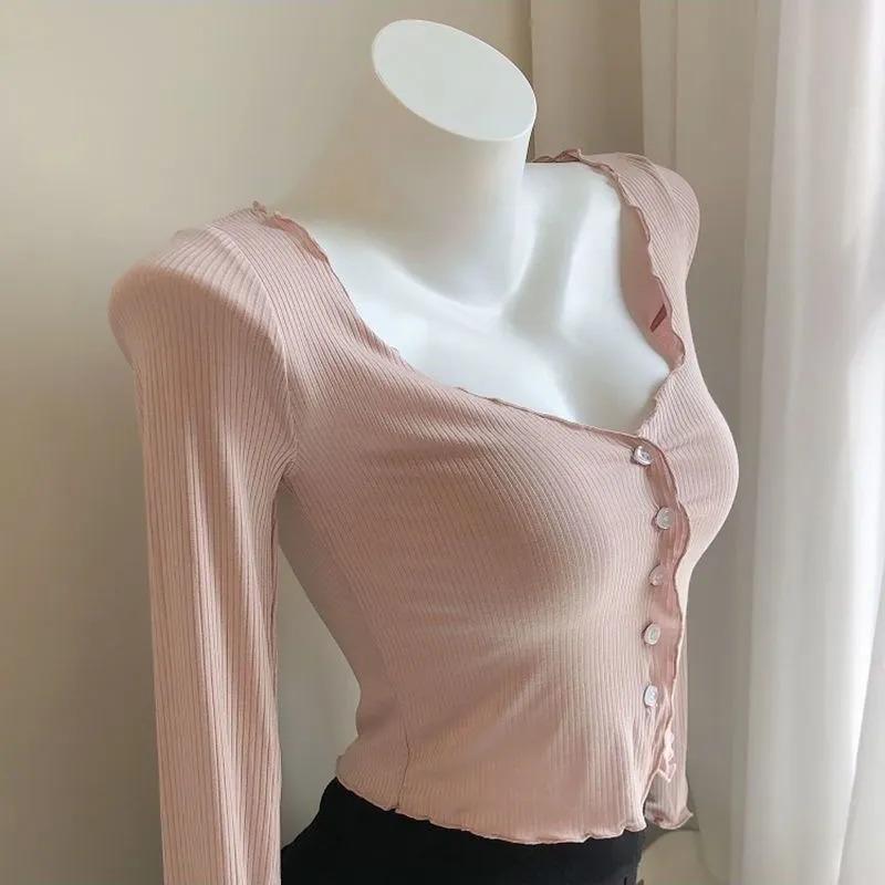 Damen Pink Gerippter Strick Cardigan Langarm V-Ausschnitt Knopf Crop Top mit Rüschenbesatz