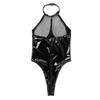 Dark Gothic Patent Leather Performance Bodysuit with Open Crotch and Chest for Nightclub or Motorcycle Rides.