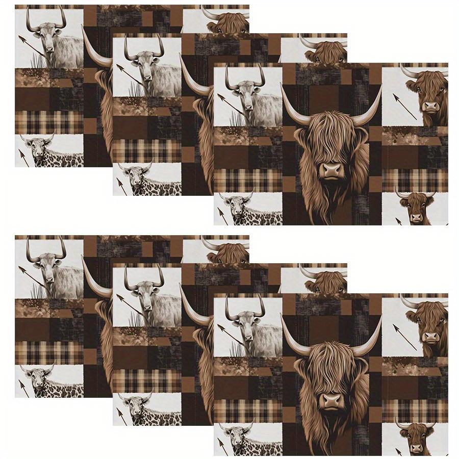Von 4 oder 6 Platzdeckchen mit Hochlandrindern und Leopardenmuster, aus Buffalo-Plaid-Polyester, geeignet für Küchen-Dekoration im Bauernhof-Stil, und Maschine